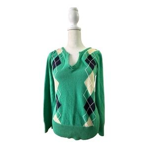 Liz and Co Preppy Kelly Green Argyle Women's Sweater Size Medium